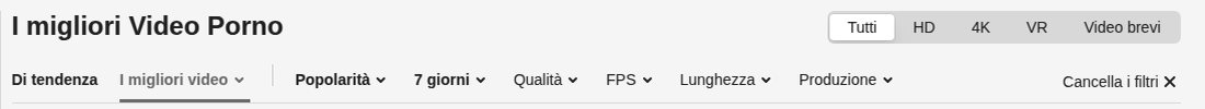 La barra dei filtri con le schede Di tendenza e I migliori video e i menu Popolarità, 7 giorni, Qualità, FPS, Lunghezza, Produzione